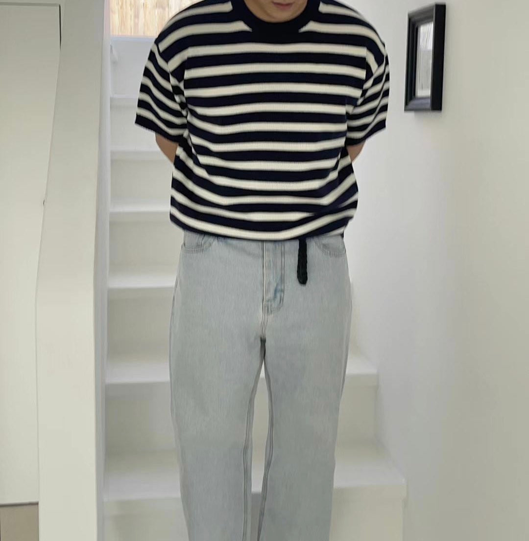 針織間條短袖上衣Stripe Knit Top - 韓國男裝