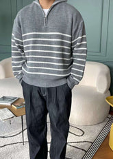 間條拉鍊領口毛衣－韓國男裝