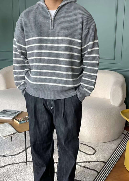間條拉鍊領口毛衣－韓國男裝