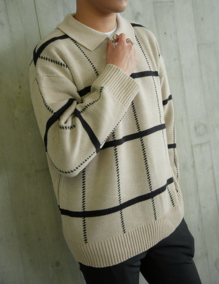 米色格紋拉鍊上衣Check Knit Jumper in Beige－韓國男裝