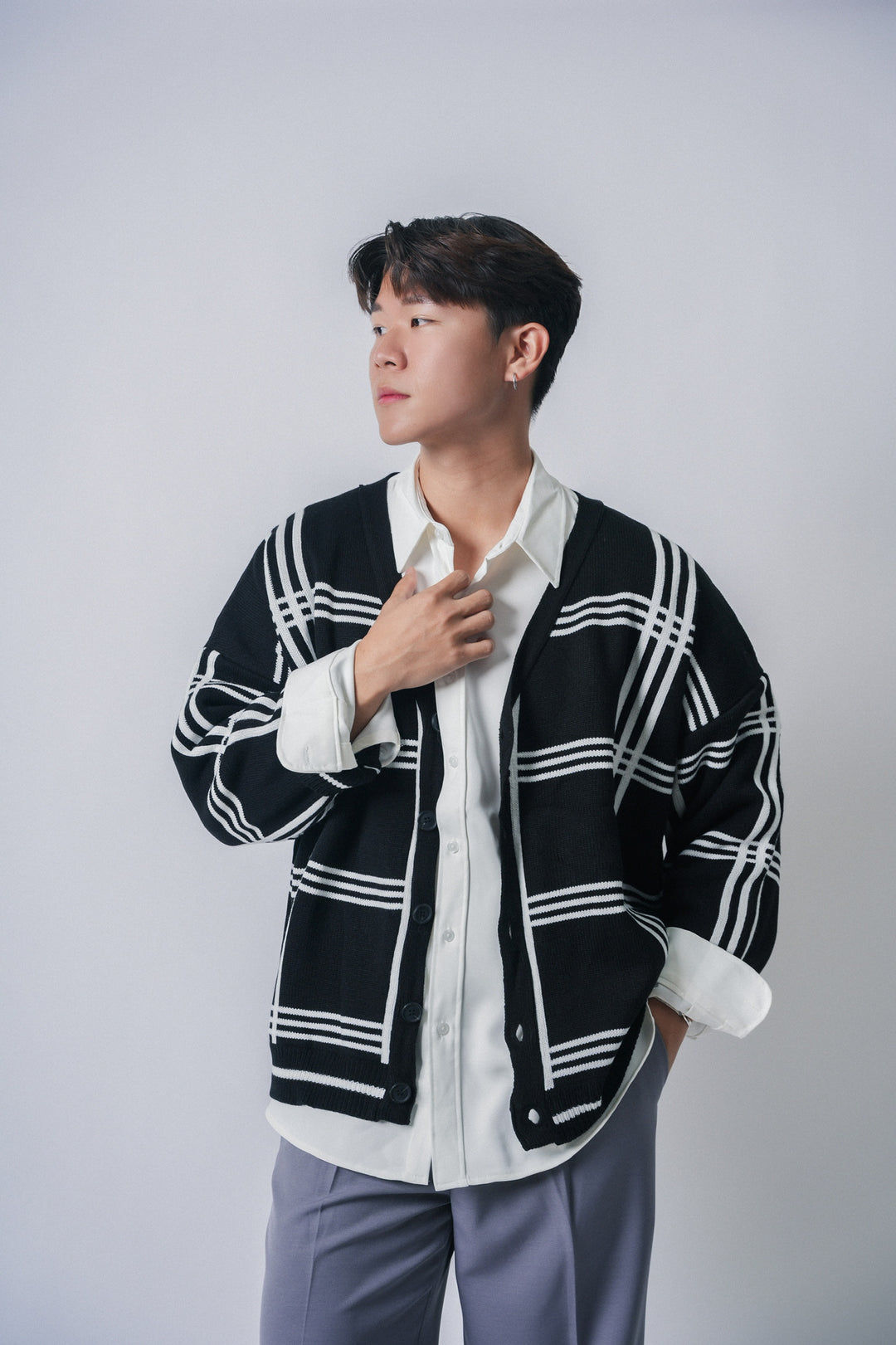 黑色橫格紋外套Checked Cardigan in Black- 韓國男裝