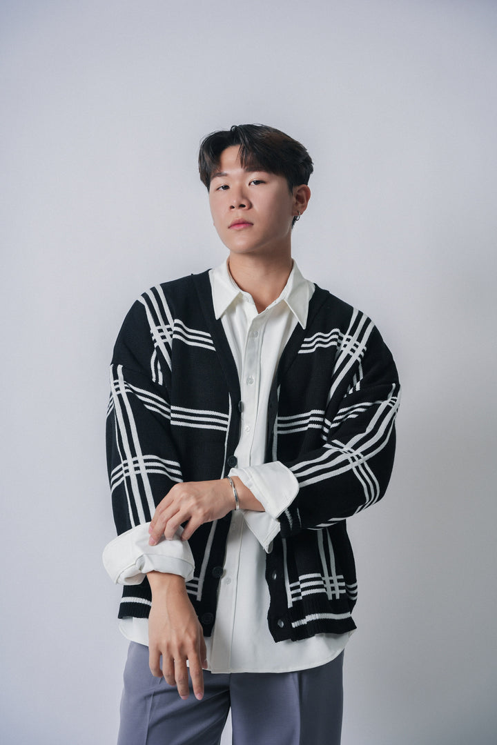 黑色橫格紋外套Checked Cardigan in Black- 韓國男裝