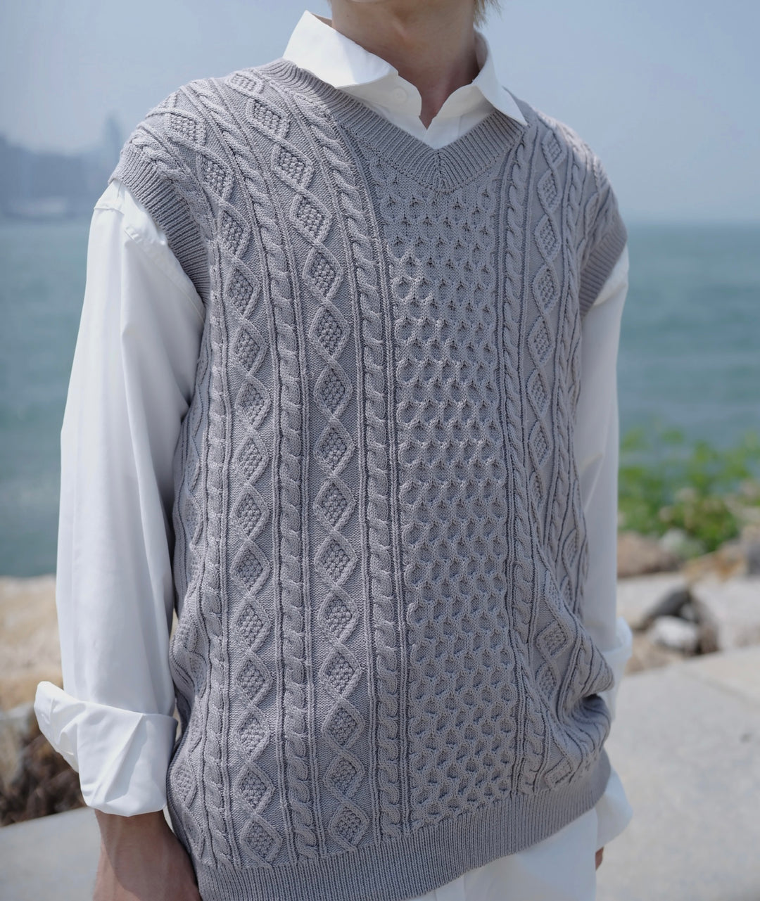 壓紋針織冷背心Cable Knit Vest－韓國男裝