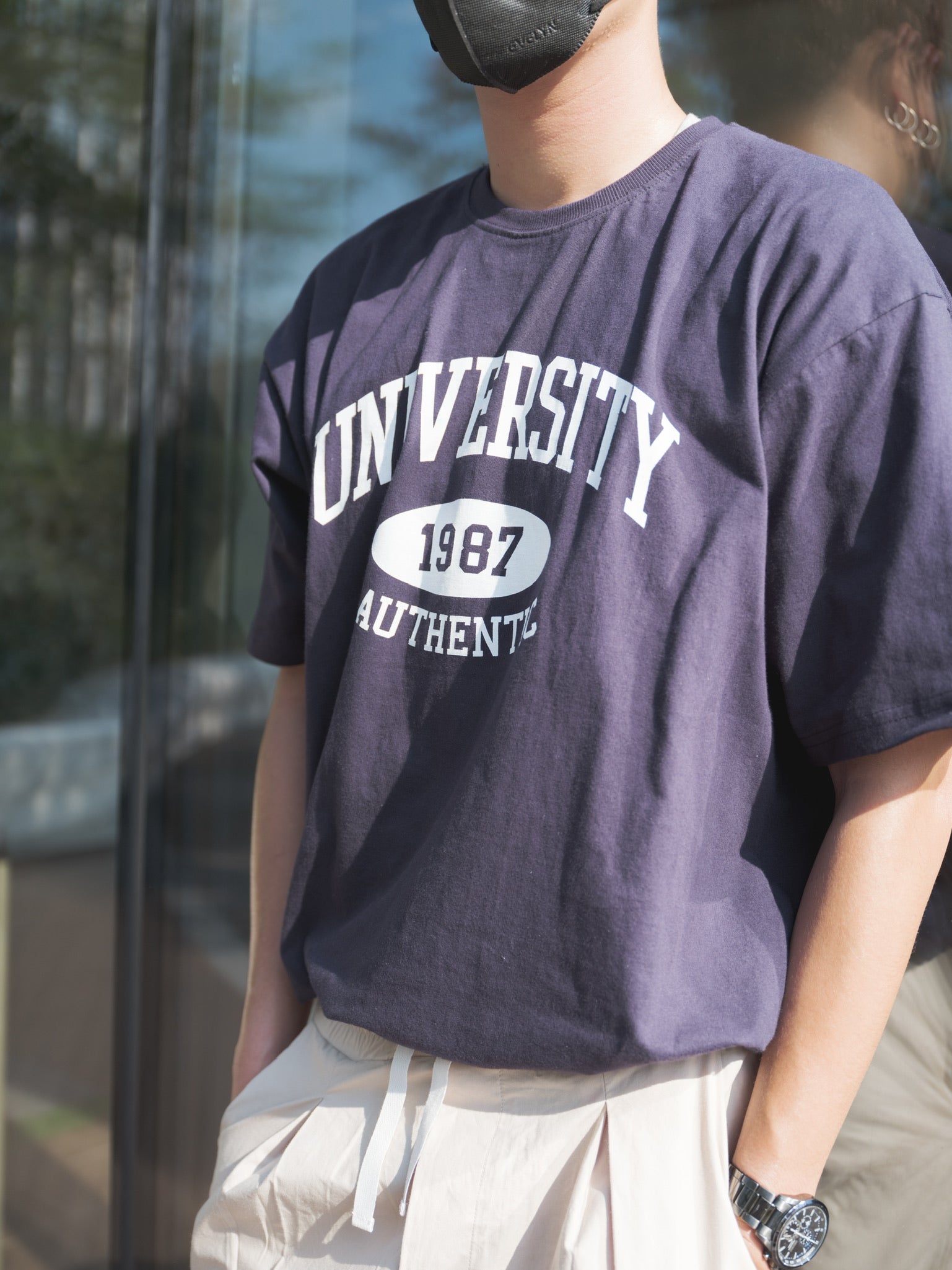 韓國男裝-軍藍短袖上衣Navy Print Tee