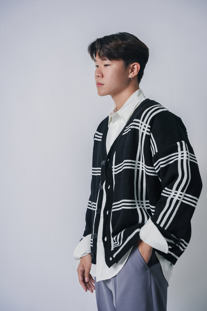 黑色橫格紋外套Checked Cardigan in Black- 韓國男裝