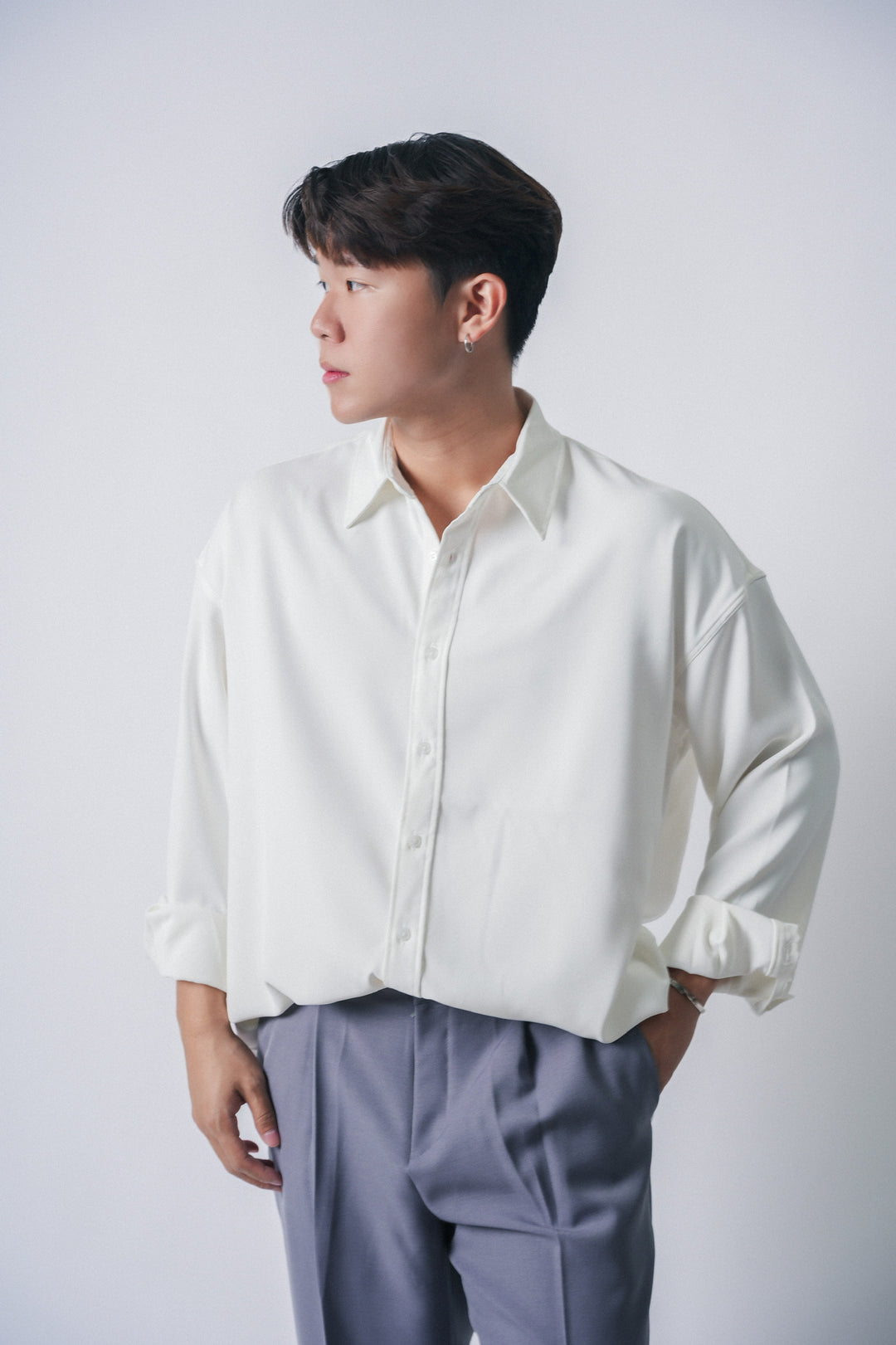 垂墜感滑身白色襯衫Basic White Shirt－韓國男裝