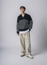 間條拉鍊領口毛衣－韓國男裝