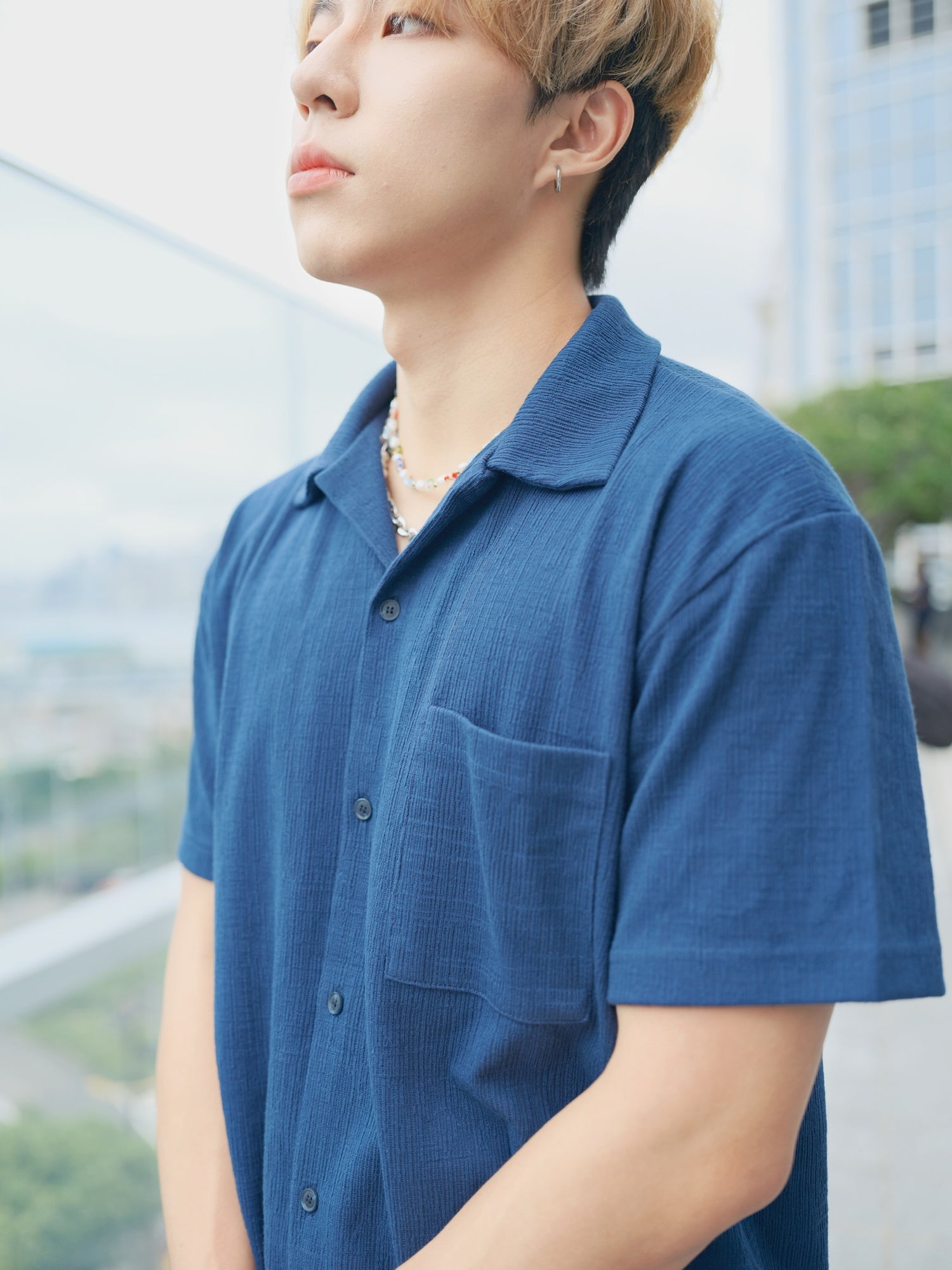 藍色短袖襯衫Blue Short Sleeves Shirt－韓國男裝