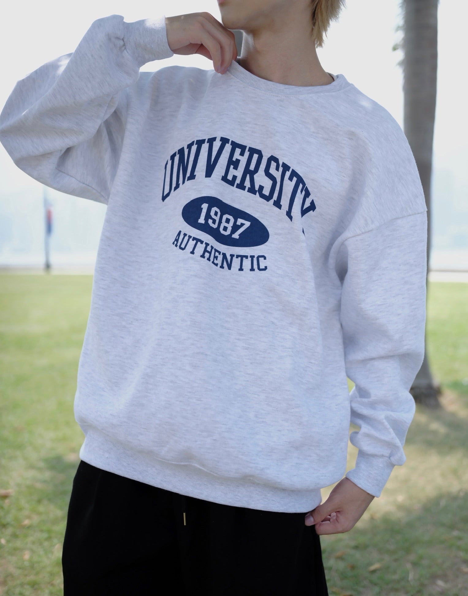 淺灰休閒衛衣Uni Sweatshirt－韓國男裝