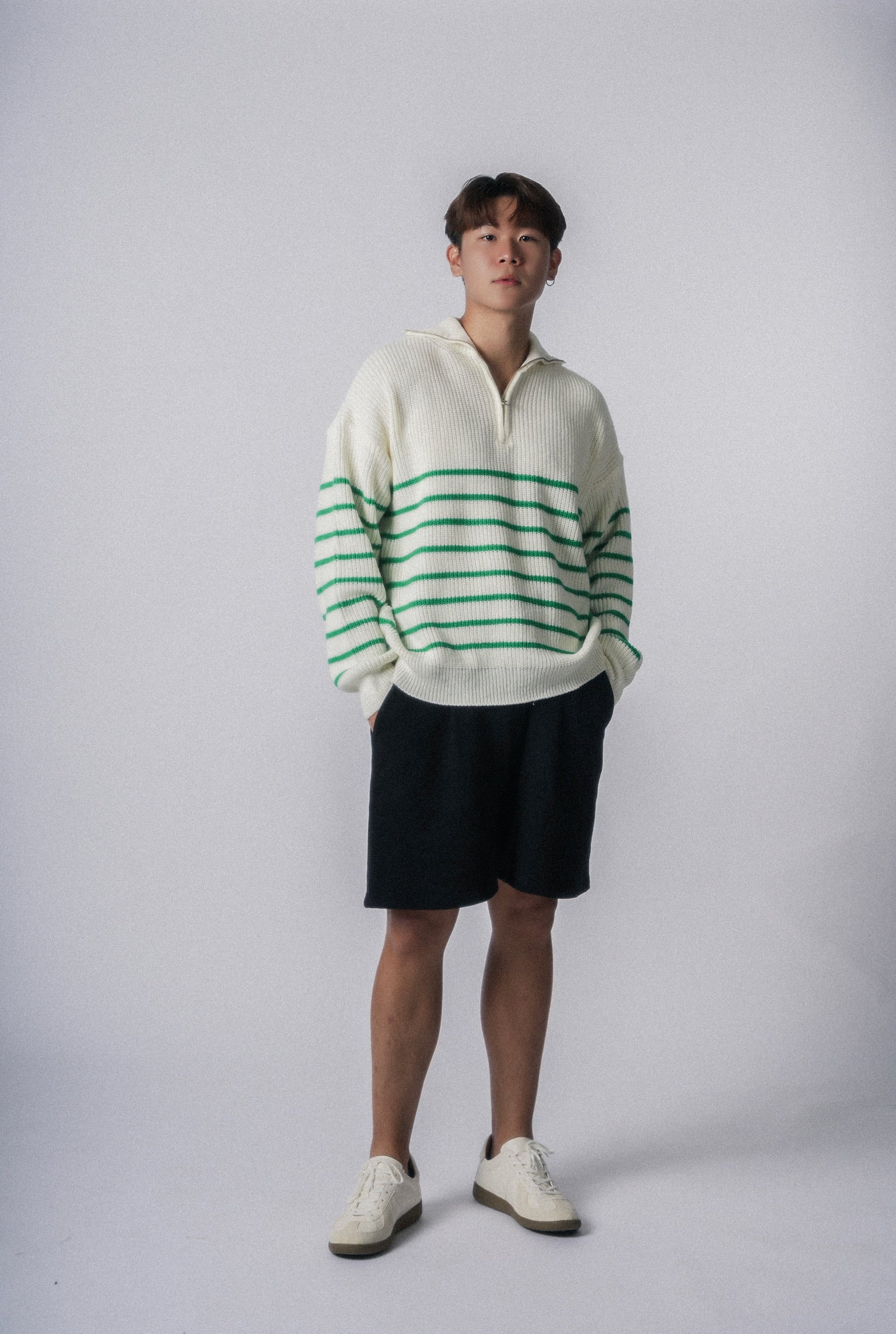 間條拉鍊領口毛衣－韓國男裝