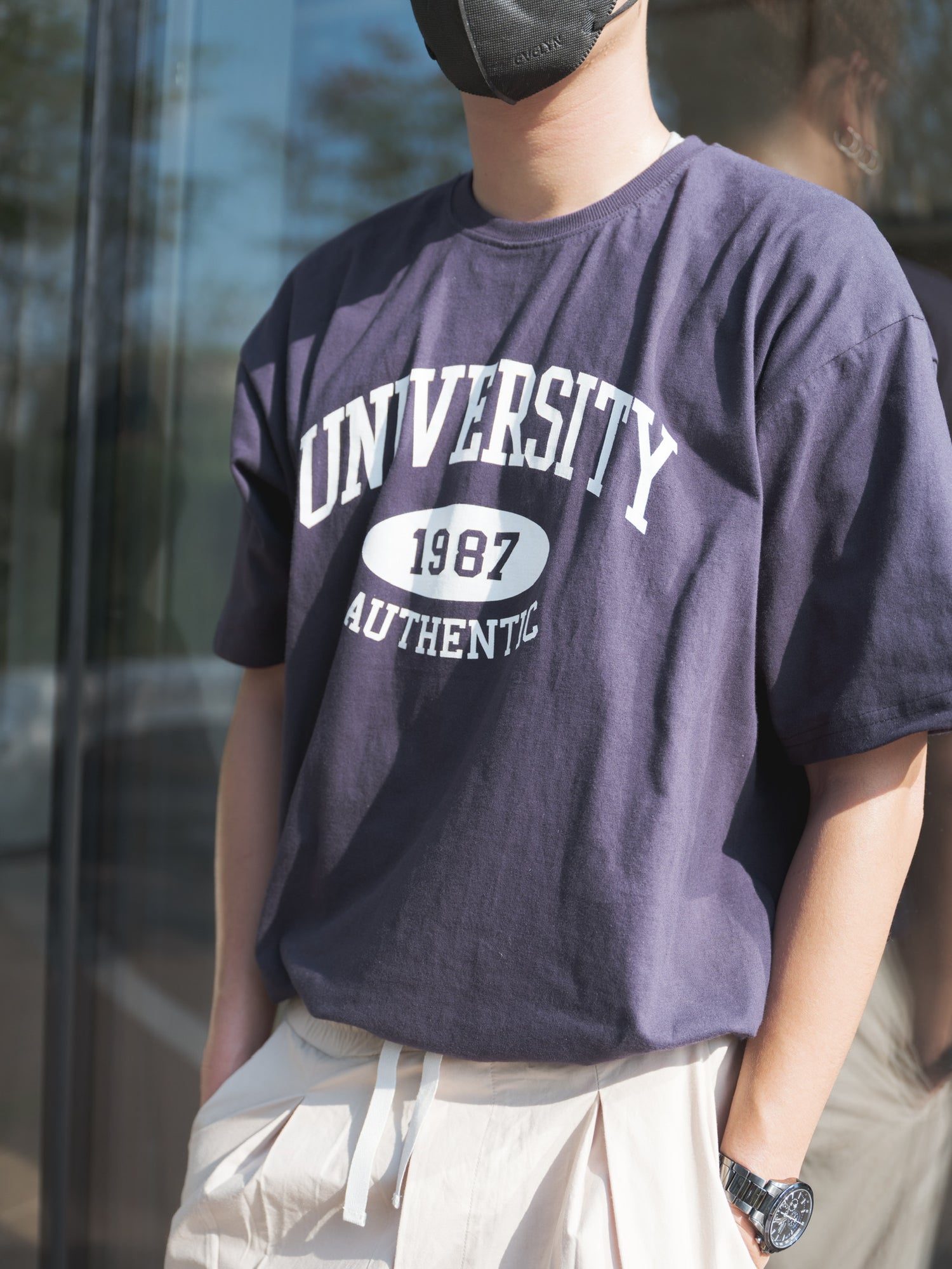 韓國男裝-軍藍短袖上衣Navy Print Tee