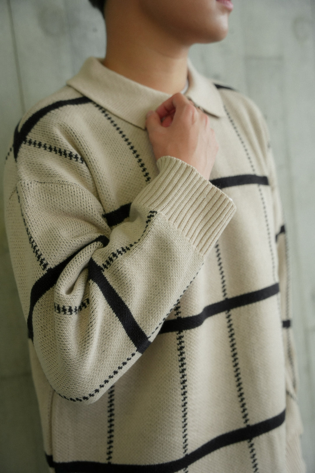 米色格紋拉鍊上衣Check Knit Jumper in Beige－韓國男裝