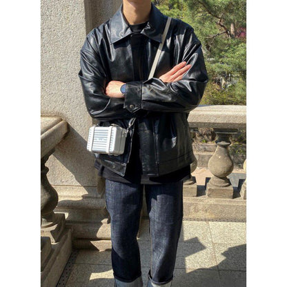 韓國男裝－黑色皮褸